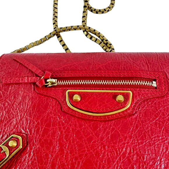 BALENCIAGA Red Leather Agneau Metallic Edge Clutch Crossbody Wallet on Chain - Picture 7 of 15